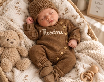 May include: A brown knitted baby romper with long sleeves, a side button closure, and the name Theodore embroidered in white script. The outfit includes a matching brown beanie with a pom-pom and brown knitted booties with tie closures.