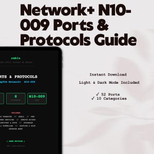 Może przedstawiać: Cyfrowy przewodnik zatytułowany "Network+ N10-009 Ports & Protocols Guide" z tekstem "Natychmiastowe pobieranie" i "Tryb jasny i ciemny w zestawie". Przewodnik zawiera 52 porty i 10 kategorii. Przewodnik jest wyświetlany na tablecie.