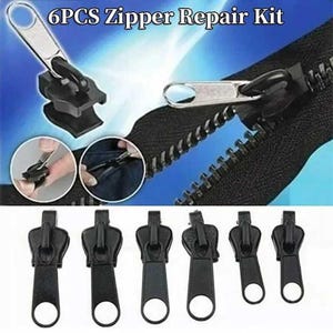 May include: A black zipper repair kit with six replacement zipper pulls. The kit includes a demonstration of how to use the zipper pull to repair a zipper. The text "6PCS Zipper Repair Kit" is at the top of the image.