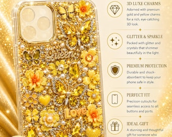 Funda de lujo Golden Queen para iPhone / Cubierta con purpurina de diamantes de imitación y mariposa amarilla