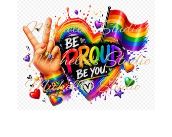 PNG de corazón arcoíris del orgullo / Diseño de sublimación LGBTQ / Gráfico "Sé orgulloso de ser tú mismo" (Descarga digital)