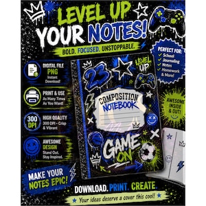 Gaming-Notizbuchumschlag (PNG) | Gamer-Notizbuchumschlag | Druckbarer Schulnotizblock | Videospiel-Notizbuchumschlag | Digital