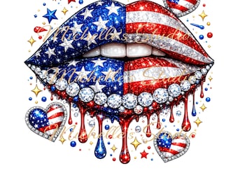 Labios con la bandera estadounidense PNG, diseño de sublimación de diamantes de imitación de EE. UU., gráfico del 4 de julio