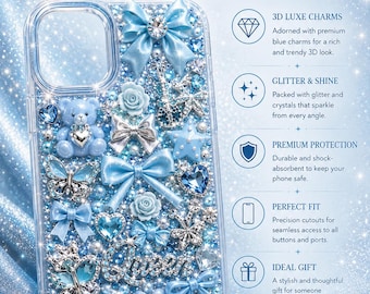 Funda de lujo para iPhone Blue Queen / Funda para teléfono con lazo de diamantes de imitación