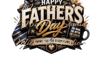 Feliz Día del Padre PNG / Diseño de Taza con Corbata y Corona Azul Marino y Dorado (Descarga Digital)