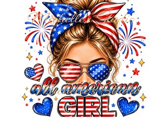 Imagen PNG de una chica estadounidense con un moño despeinado patriótico, diseño para camiseta del 4 de julio (descarga digital).