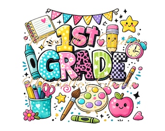 1st grade PNG, first grade back to school png, retro school sublimation design, cute teacher shirt PNG, first day of school PNG
