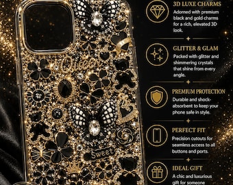 Funda de lujo Black Queen para iPhone / Funda protectora glamurosa con mariposa de diamantes de imitación en negro y dorado