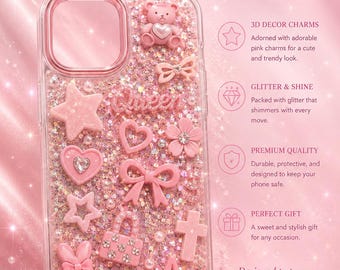 Funda para iPhone de la colección rosa con purpurina / Adornos 3D, lazos, corazones (Edición limitada)