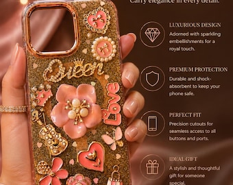 Funda de lujo para iPhone Queen / Adornos rosas con purpurina dorada, perlas y corazones (Edición limitada)