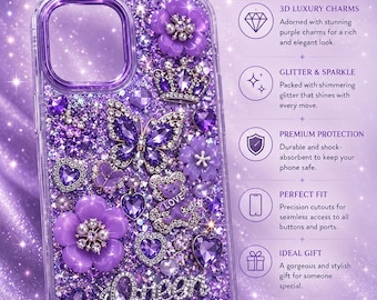 Funda de lujo Purple Queen para iPhone / Funda con dije de mariposa de diamantes de imitación brillantes