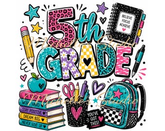 5th Grade PNG, Fifth Grade Back to School png, Retro School Sublimation Design, First Day of School Shirt PNG, Teacher PNG Download