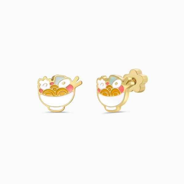 JaxKelly Ramen Enamel Flat Back Kids Earrings, 18K Gold-Plated, Hypoallergenic Kids Earring