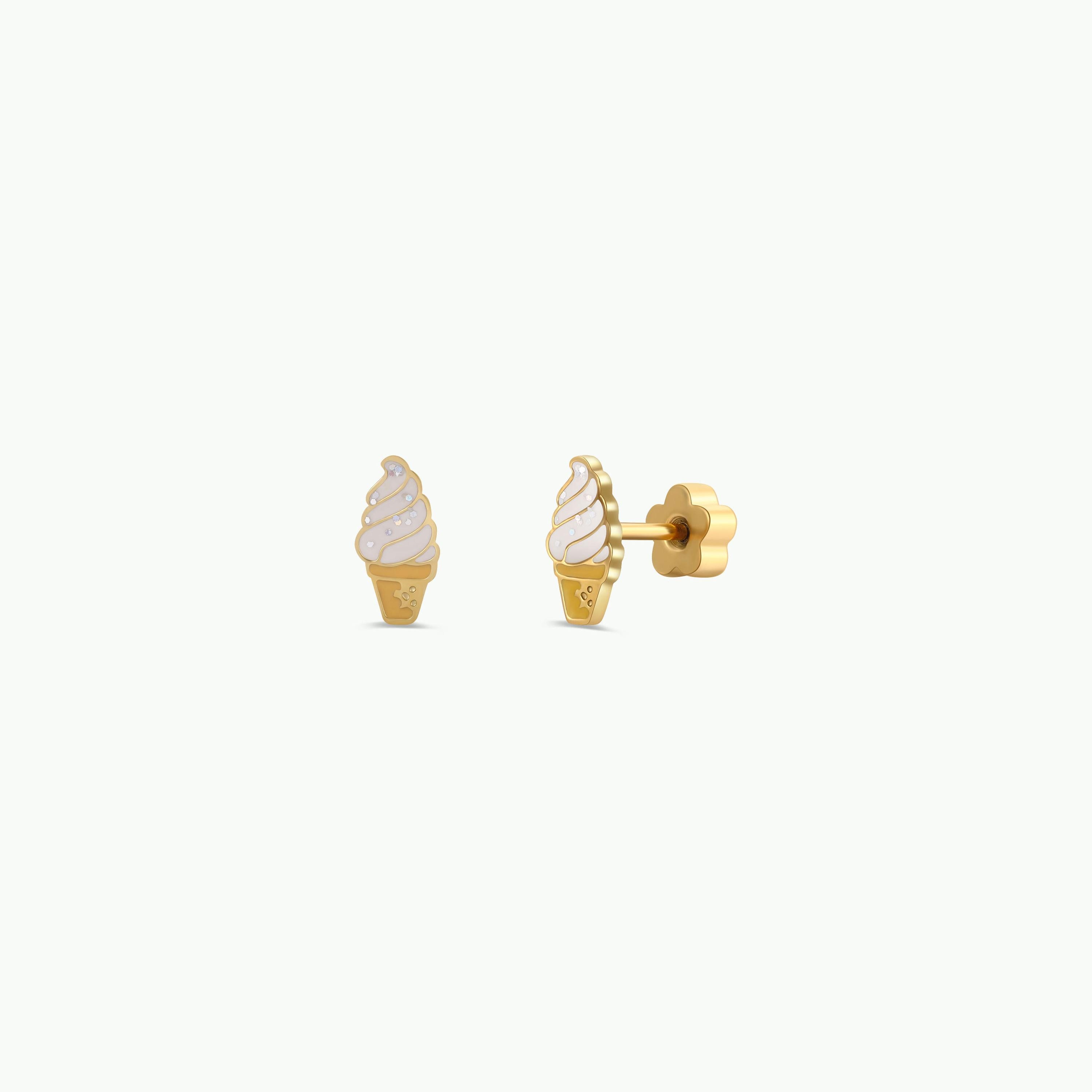 Ice Cream Enamel Flat Back Kids Earrings, 18K Gold-Plated, Hypoallergenic Kids Earring