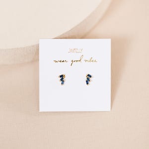 May include: A pair of gold-toned stud earrings with a cluster of dark blue rectangular crystals. The earrings are displayed on a white card with the text "JAXMOLLY wear good vibes" in gold lettering.