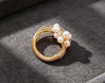 Handmade Gold Filled Wire Wrapped Freshwater Pearl Cluster Ring Statement Baroque Pearl Jewelry
