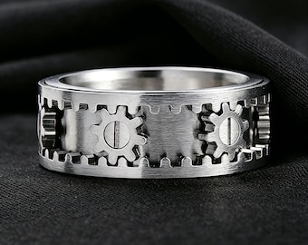 Steampunk Gear Fidget Ring, Stainless Steel Spinner Band, Rotatable Industrial Jewelry