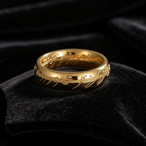 May include: A polished gold-toned ring featuring an engraved script pattern that wraps around the entire outer surface of the band. The metal has a reflective, smooth finish, and the intricate lettering is etched into the surface of the ring.