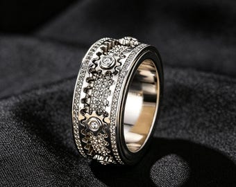 Steampunk Gear Spinner Ring, Stainless Steel Fidget Band, Anti-Anxiety Jewelry Father's Day Gift