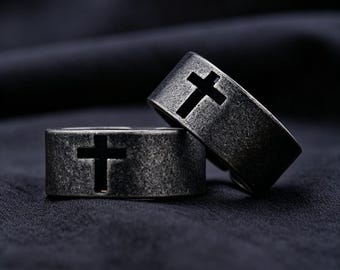 Bague ouverte croix vintage, anneau en acier inoxydable argenté antique, bijoux religieux gothiques