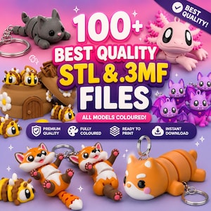 Könnte beinhalten: Eine digitale Anzeige für über 100 STL- und .3MF-Dateien mit 3D-druckbaren Schlüsselanhänger-Modellen, darunter eine graue Katze, ein rosa Axolotl, gelbe Bienen, lila Fledermäuse, orangefarbene Füchse und ein hellbrauner Hund.