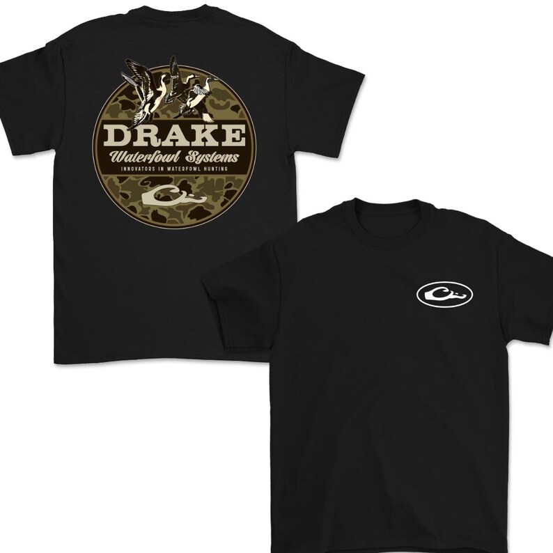 May include: Black t-shirts with the "Drake Waterfowl Systems" logo. The logo features a circular design with ducks, camouflage, and text. One shirt has a small white logo on the chest.