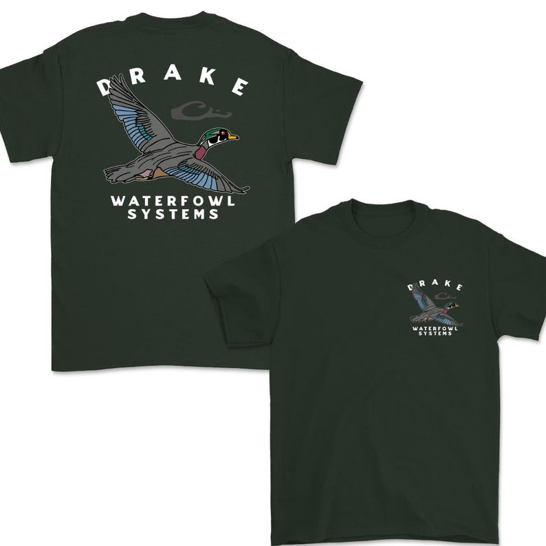 May include: Dark green t-shirts with a graphic of a flying duck, the word "DRAKE" above the duck, and "WATERFOWL SYSTEMS" below. One shirt has a large graphic on the back, and the other has a smaller graphic on the front.