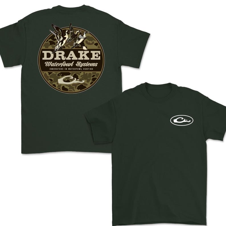 May include: Dark green t-shirts with a white logo on the front and a larger graphic on the back. The back graphic features the text "DRAKE Waterfowl Systems" with a camouflage background and illustrations of ducks.