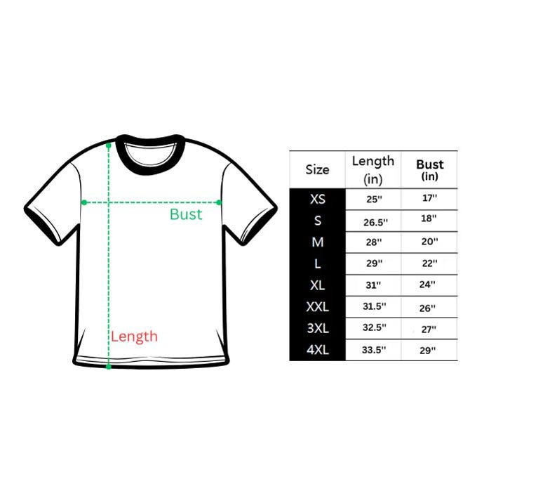 May include: A white t-shirt with a black collar, with measurements for length and bust. A size chart shows measurements in inches for sizes XS to 4XL. The length ranges from 25 inches to 33.5 inches, and the bust from 17 inches to 29 inches.