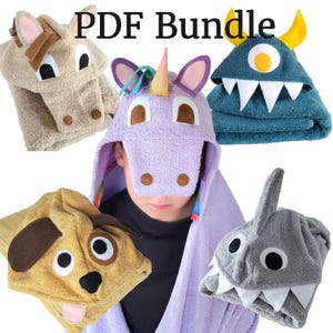 May include: A collection of hooded bath towels in various animal designs, including a horse, unicorn, monster, dog, and shark. The towels are made of soft, absorbent material and feature detailed facial features. The text "PDF Bundle" is at the top.