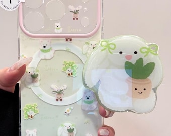 Kawaii Character Clear Green MAGSAFE Case with Bunny Grip & Charm, Y2K Clear Cover iPhone 17 16 15 14 13 Pro Max, Y2K Kawaii Coquette Gift