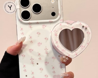 Coquette Floral MagSafe Case, Heart Mirror Grip, Beaded Bow Charm, Pink Rose Clear Cover iPhone 17 16 15 14 13 Pro Max, Kawaii Y2K Gift