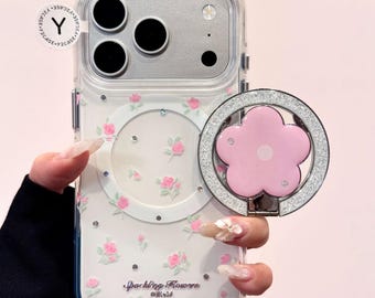 Kawaii Character Pink MAGSAFE Case with Flower Grip & Charm, Y2K Clear Pink Cover iPhone 17 16 15 14 13 Pro Max, Kawaii Y2K Coquette Gift