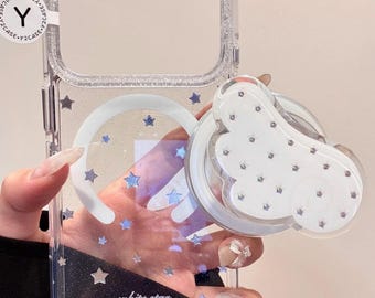Kawaii Character MAGSAFE Case with Cloud Grip & Beaded Charm, Clear Glitter White Cover iPhone 17 16 15 14 13 Pro Max, Y2K Coquette Gift