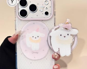 Pink Sheep MAGSAFE Case with 3D Grip & Beaded Charm, Kawaii Clear Silicone Cover iPhone 17 16 15 14 13 Pro Max, Y2K Coquette Gift For Her