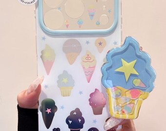 Kawaii Character White Case with Ice Cream Grip & Star Charm, Y2K Blue Cover iPhone 17 16 15 14 13 Pro Max, Coquette Gift for Her Aesthetic.