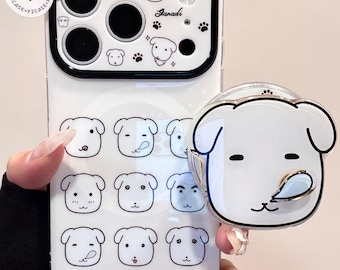 White Dog MAGSAFE Case with Dog Face Grip & Charm, Kawaii Clear White Cover iPhone 17 16 15 14 13 Pro Max, Y2K Aesthetic Coquette Cute Gift!