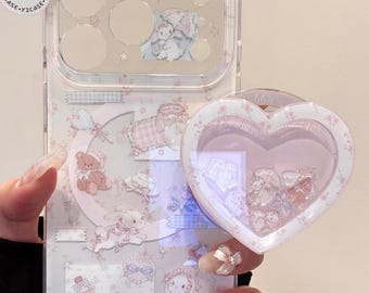 Cinnamoroll & Rilakkuma MAGSAFE Heart Case with Shaker Grip and Beaded Charm, Kawaii Y2K Pink Clear Cover iPhone 17 16 15 14 13 Pro Max Gift