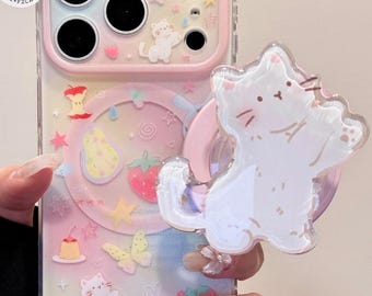 Cute White Cat MAGSAFE Case with Cat Grip & Charm, Pastel Pink Clear Cover iPhone 17 16 15 14 13 Pro Max, Y2K Coquette Aesthetic Gift