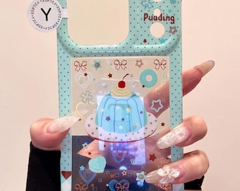 Kawaii Pudding Dessert Blue Case with Beaded Wristlet Charm, Y2K Brown Clear Cover iPhone 17 16 15 14 13 Pro Max, Cute Kawaii Coquette Gift!