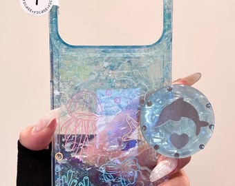 Ocean Dolphin Clear Case with Blue Dolphin Grip & Beaded Charm, Kawaii Y2K Aesthetic Phone Cover iPhone 17 16 15 14 13 Pro Max Gift