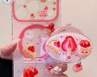 Kawaii Character MAGSAFE Case with Oval Dessert PopSocket & Charm, Clear Pink Glitter Cover iPhone 17 16 15 14 13 Pro Max, Y2K Coquette Gift