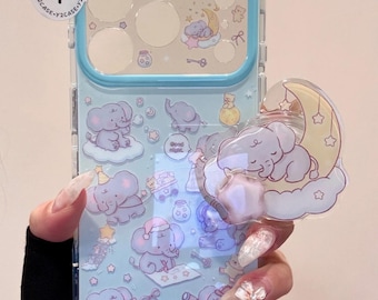 Blue Elephant Case with Sleeping Elephant on Moon Grip & Star Charm, Kawaii Blue Purple Cover iPhone 17 16 15 14 13 Pro Max, Y2K Gift