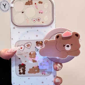 Cute Brown Bear MAGSAFE Case with Bear PopSocket Grip & Beaded Charm, Kawaii Y2K Clear Cover iPhone 17 16 15 14 13 Pro Max, Coquette Gift