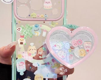 Sumikko Gurashi Clear MAGSAFE Case with Heart Shaker Grip & Beaded Charm, Kawaii Mint Pink Cover iPhone 17 16 15 14 13 Pro Max, Y2K