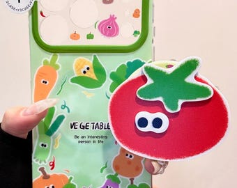 Kawaii Character Green Case with Tomato PopSocket & Beaded Charm, Clear Cover iPhone 17 16 15 14 13 Pro Max, Y2K Coquette Gift Set