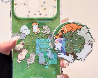 Cute Cat Circle MAGSAFE Case with Cat Ring Grip & Beaded Charm, Kawaii Green Clear Cover iPhone 17 16 15 14 13 Pro Max, Y2K Aesthetic Gift
