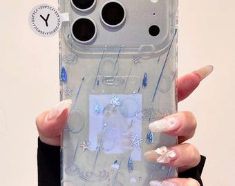 Blue Kawaii Character Case with Beaded Wristlet, Kawaii Blue Clear Cover iPhone 17 16 15 14 13 Pro Max, Y2K Aesthetic Cute Gift for Her
