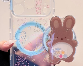 Cute Bunny Brown Phone Grip MAGSAFE Case with Beaded Charm, Clear Silicone Kawaii Y2K Aesthetic Cover iPhone 17 16 15 14 13 Pro Max Gift