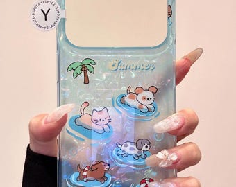 Kawaii Character Clear Blue Case with Beaded Charm, Summer Beach Clear Cover iPhone 17 16 15 14 13 Pro Max, Cute Y2K Aesthetic Gift for her